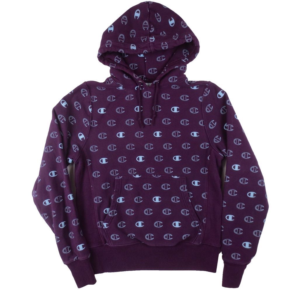 Champion Reverse Weave Hoodie Womens Small Purple All Over Print Pullover Heavy